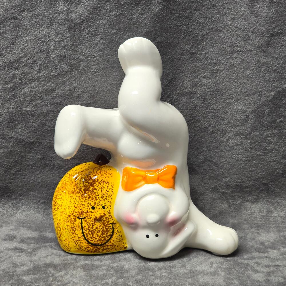 Vintage Ceramic White Upside Down Ghost w/ Orange Bowtie & Pumpkin Holiday Decor